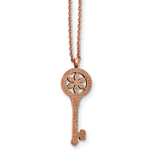 Stainless Steel Polished Rose IP-plated Laser-cut Floral Key 18in Necklace