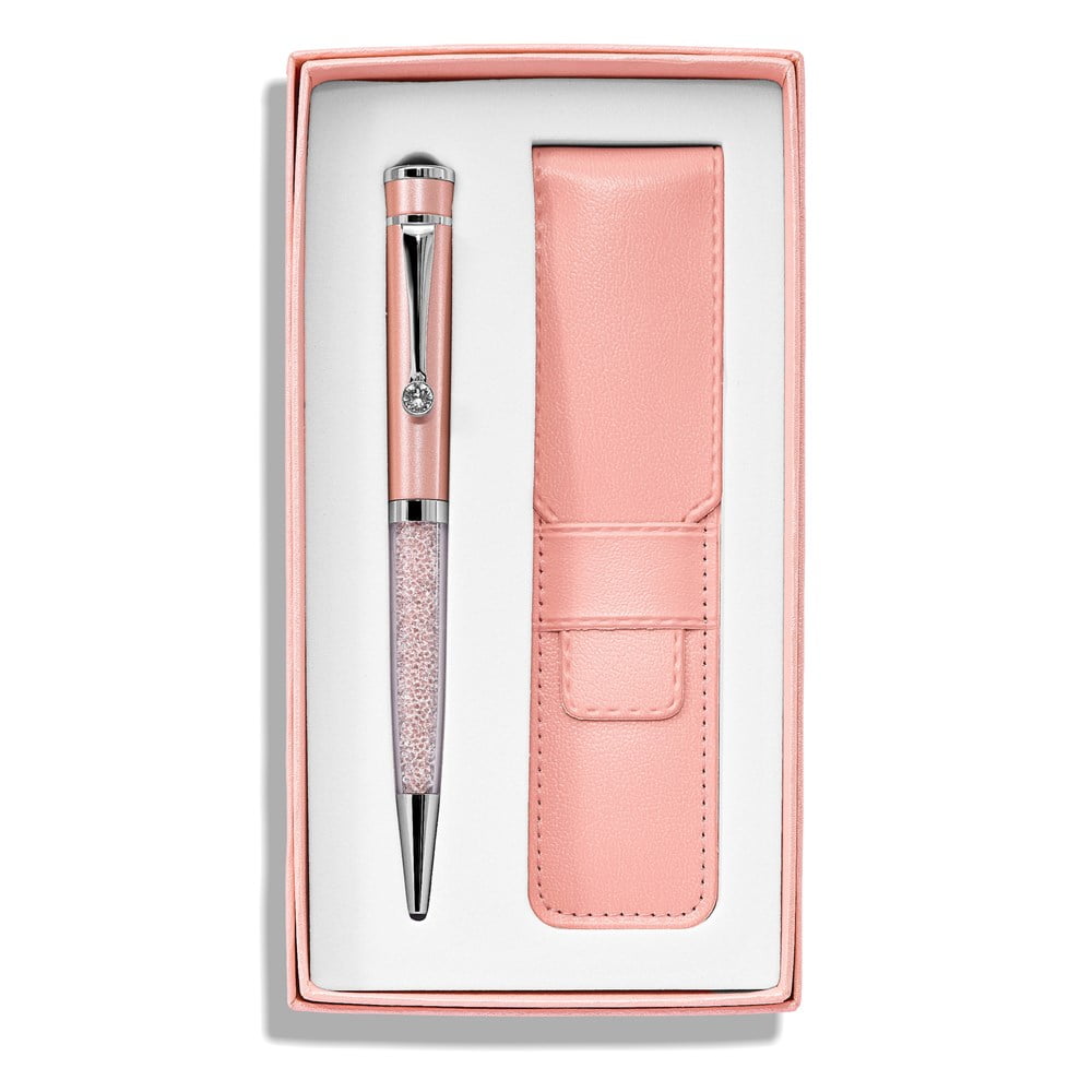 Luxury Giftware by Jere Pink Crystal Filled Ballpoint Pen with Matching Vinyl Pouch Set QJBP111P