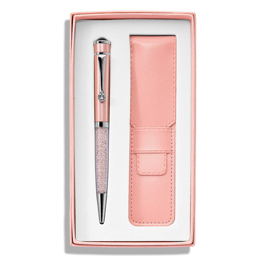 Luxury Giftware by Jere Pink Crystal Filled Ballpoint Pen with Matching Vinyl Pouch Set QJBP111P