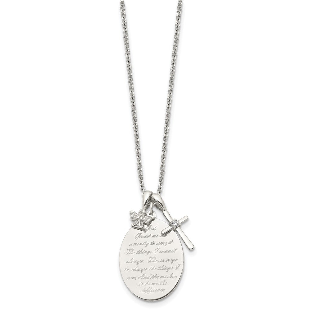 Stainless Steel Polished Serenity/French Prayer CZ Cross w/2in ext Necklace