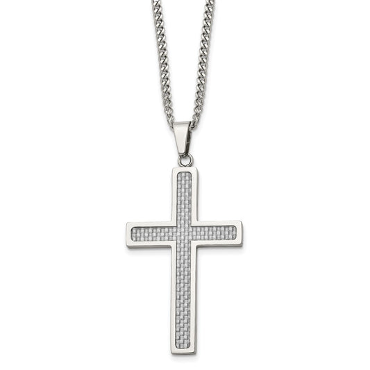 Stainless Steel Polished Grey Carbon Fiber Inlay Large Cross 20in Necklace