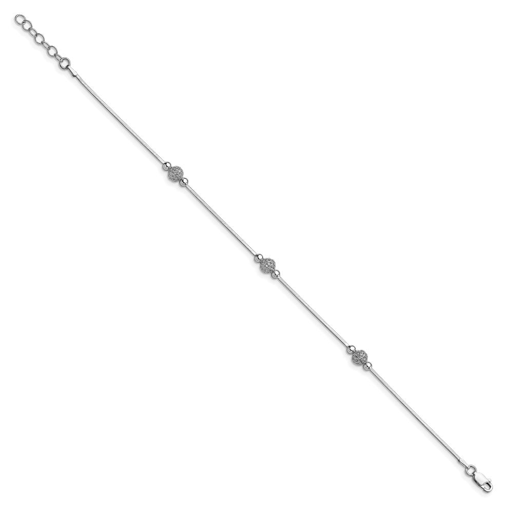 Sterling Silver RH-plt Polish/Textured Beaded w/1in ext. Anklet