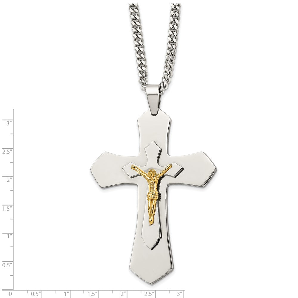 Stainless Steel Polished Yellow IP-plated Crucifix 24 inch Necklace
