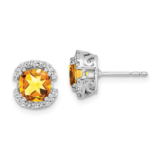 14k White Gold Cushion Citrine and Diamond Halo Earrings