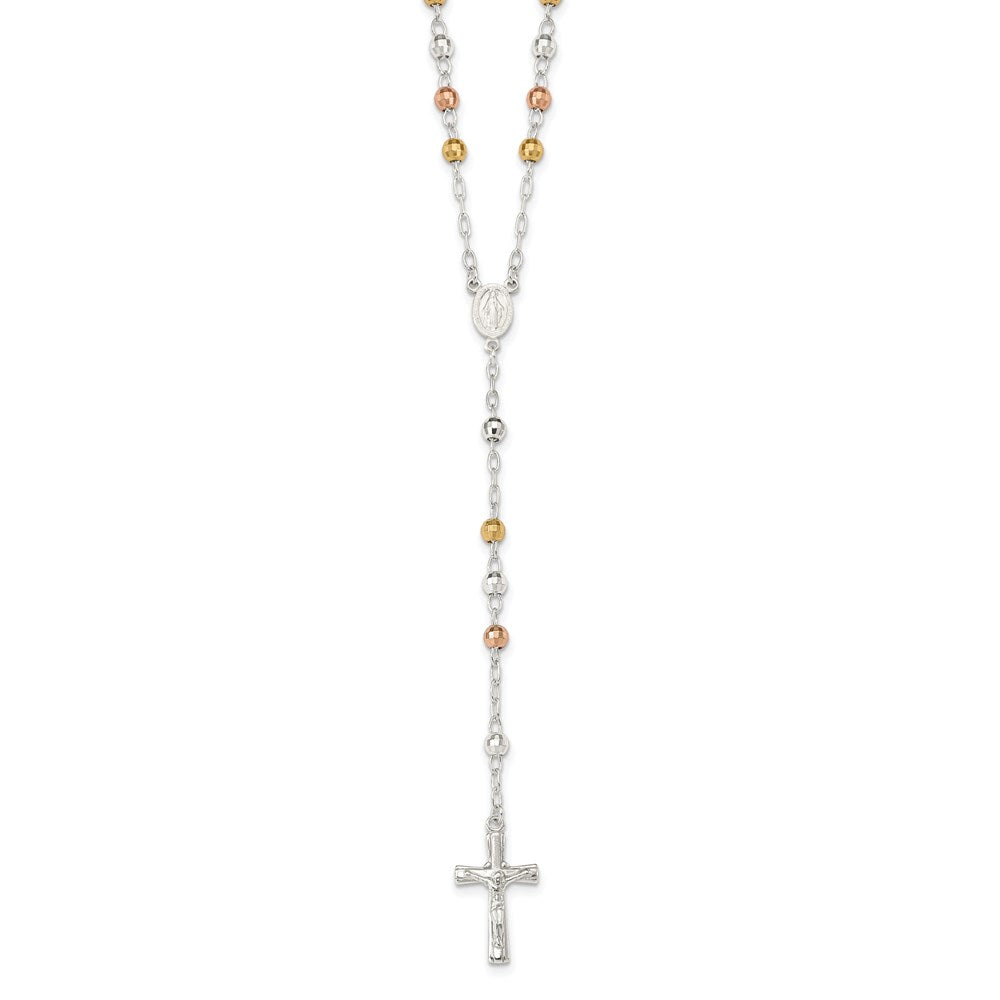 Sterling Silver Tri-color Polished Textured Bead Rosary 26 inch Necklace 26 Inches