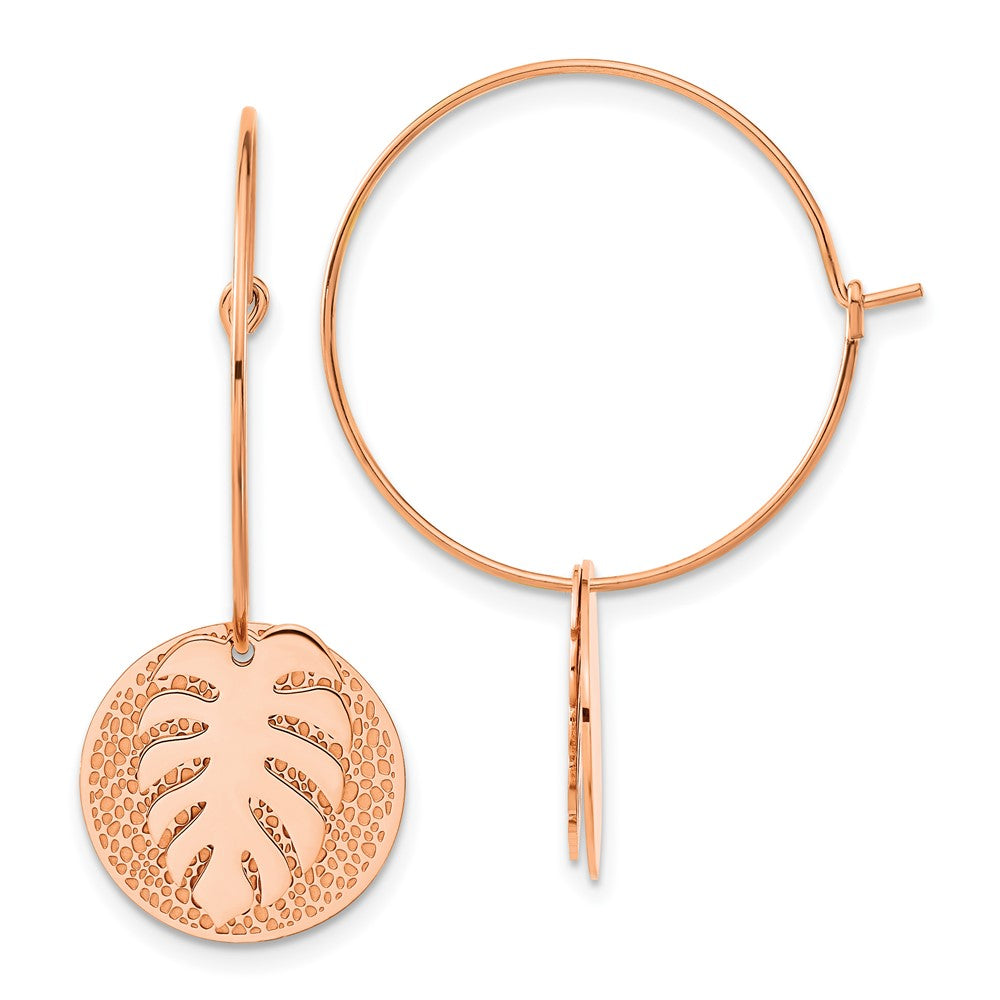 Stainless Steel Polished Textured Rose IP Circle Leaf Dangle Hoop Earrings