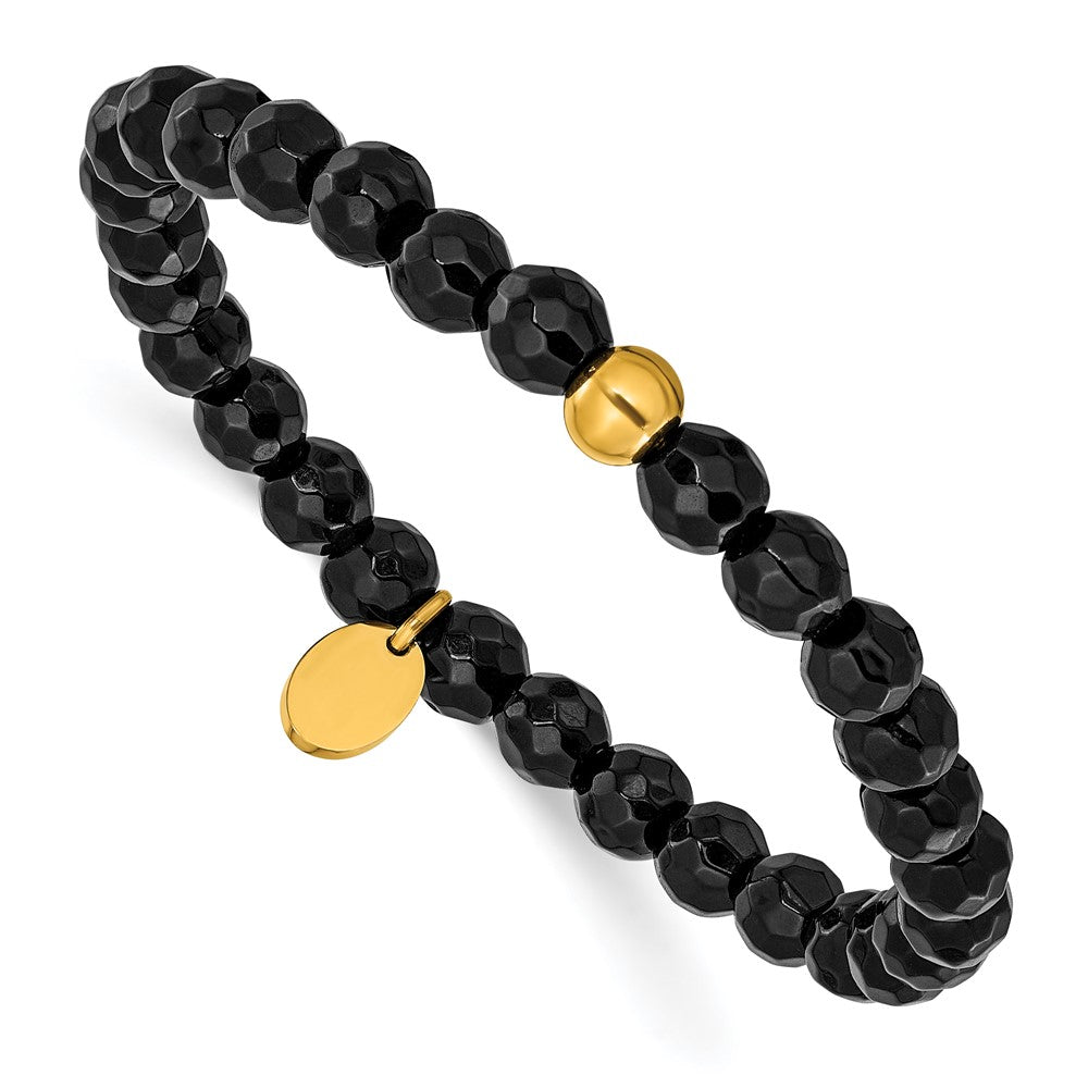 Chisel Stainless Steel Polished Yellow IP-plated 6mm Black Agate Beaded 6.25 inch Stretch Bracelet 6.25 inches