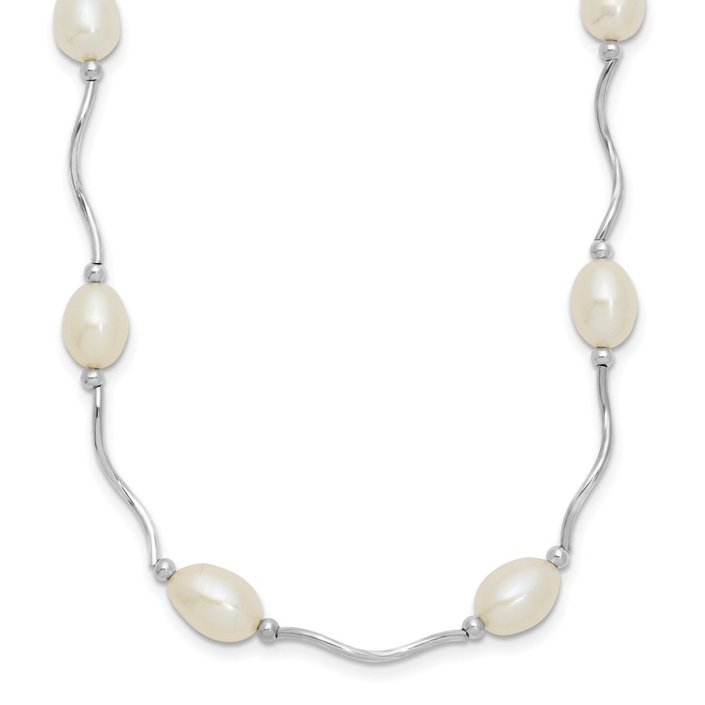 Sterling Silver Rhodium-plated 6-7mm White Rice Freshwater Cultured Pearl 16-Station 18 inch Necklace 18 Inches