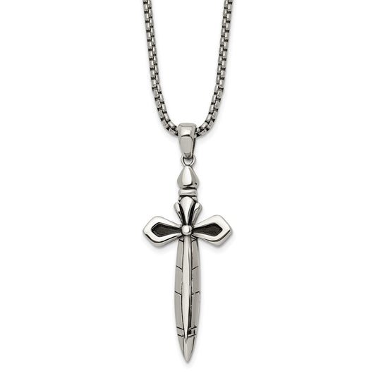 Stainless Steel Antiqued and Polished Cross/Sword 24in Necklace
