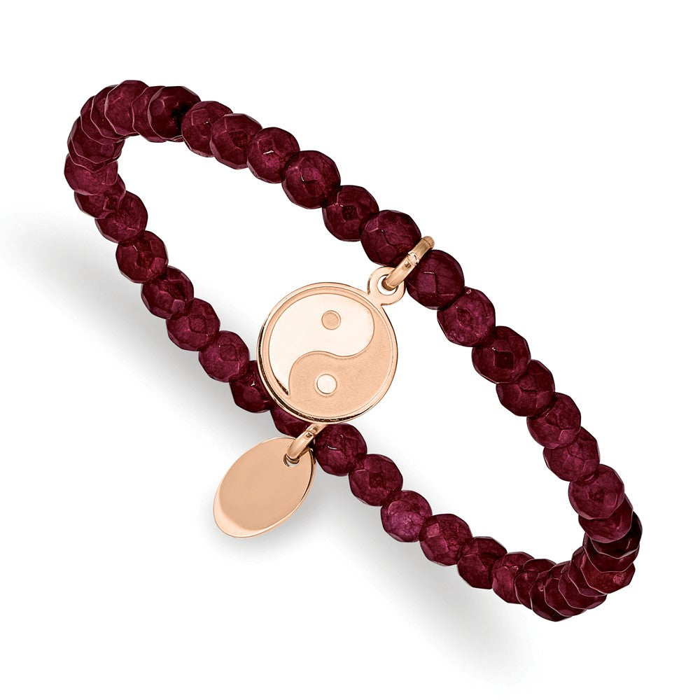 Stainless Steel Polished & Satin Rose IP YingYang Red Jade Stretch Bracelet 6 inches