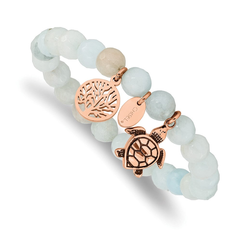 Stainless Steel Antiqued&Polished Rose IP Blue/Grey Dyed Jade Bracelet 6.25 inches