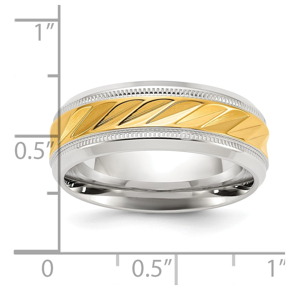 Chisel Stainless Steel Polished with Yellow IP-plated Grooved Center 8mm Band Size - 11.5