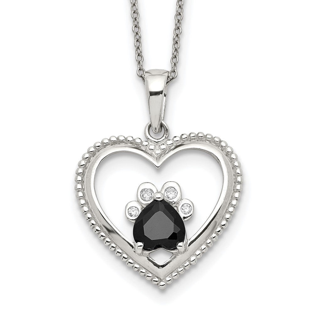 Sterling Silver Black and White CZ Heart with Paw Print 18 inch Necklace 18 Inches