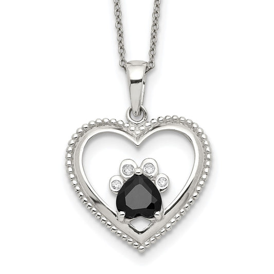 Sterling Silver Black and White CZ Heart with Paw Print 18 inch Necklace 18 Inches