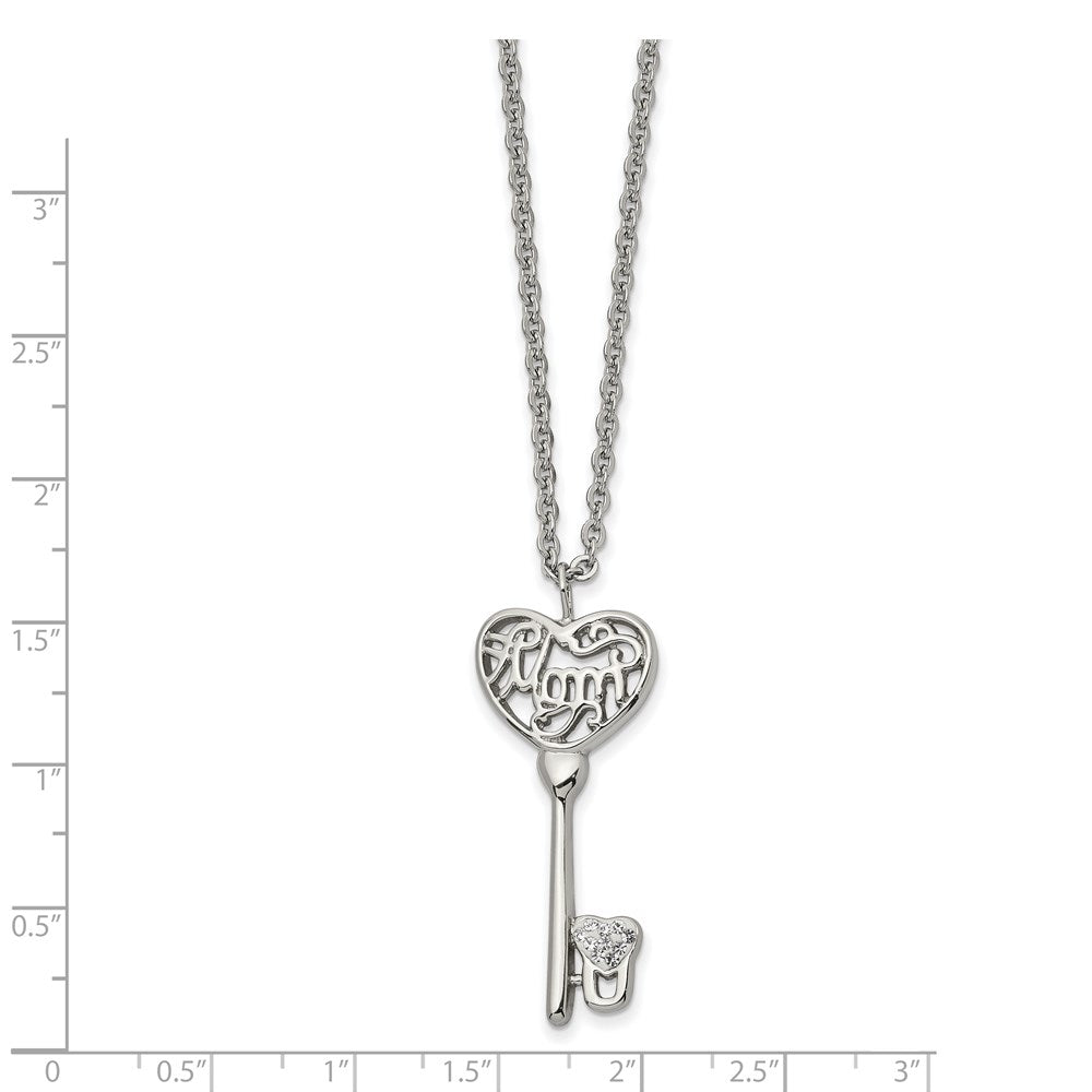 Stainless Steel Polished Clear Crystal Mom Heart Key 20 inch Necklace