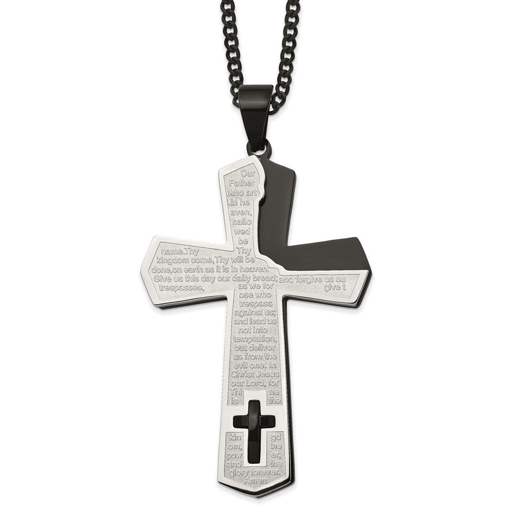 Stainless Steel Polished Black IP-plated Lord's Prayer Cross 24" Necklace
