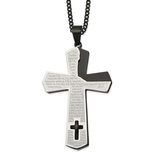 Stainless Steel Polished Black IP-plated Lord's Prayer Cross 24" Necklace