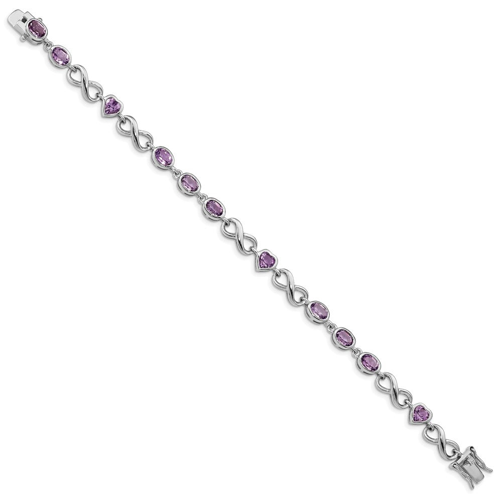 Sterling Silver Rhodium-plated Oval Heart Amethyst Bracelet 7 inches