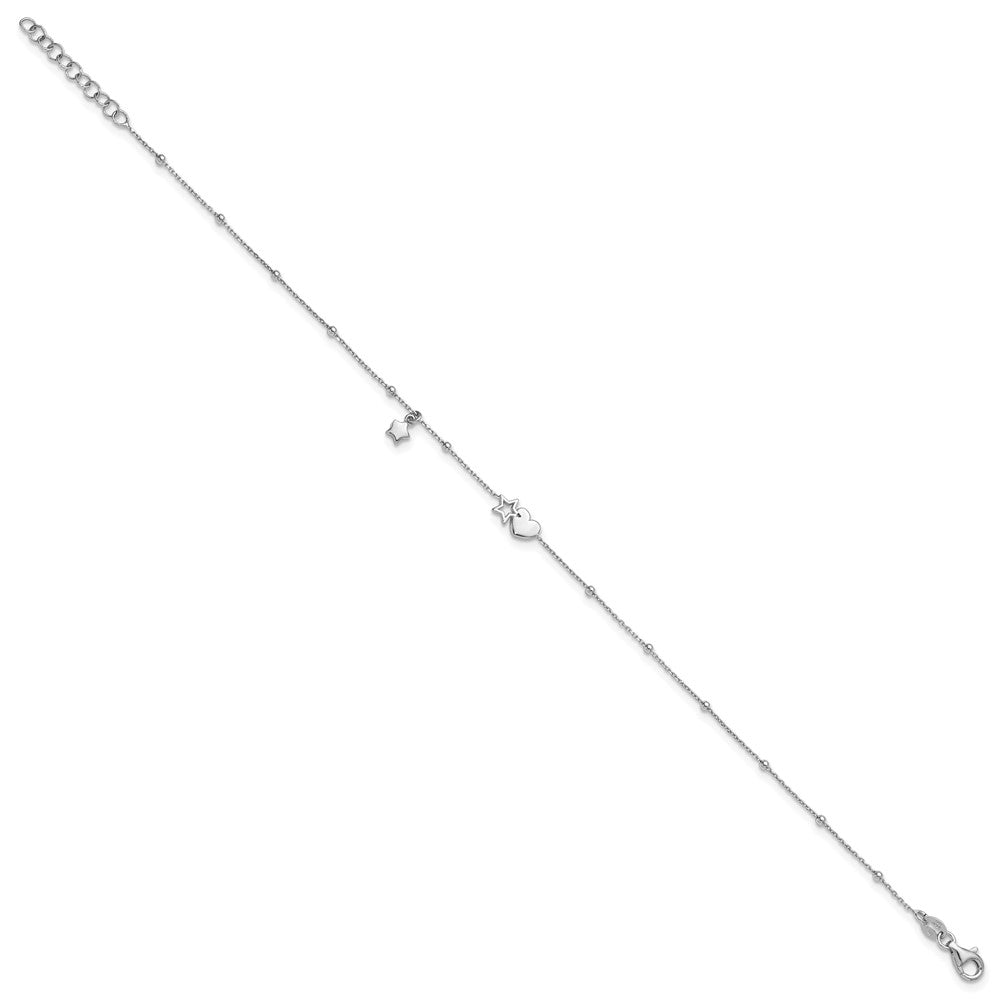 Sterling Silver Rhodium-plated Heart and Stars with Beads 9 inch with 1 inch Extension Anklet