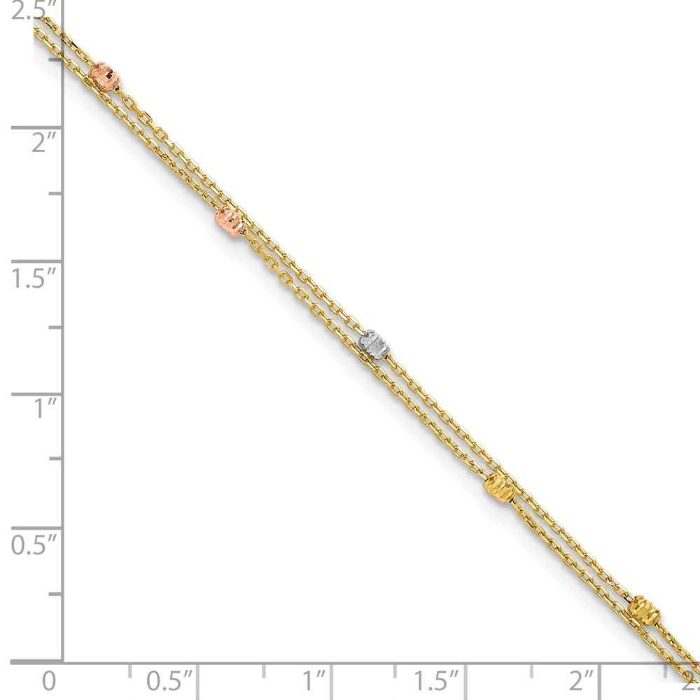 14K Tri-color Polish/Dia-cut 2-Strand 9in Plus 1in ext. Anklet