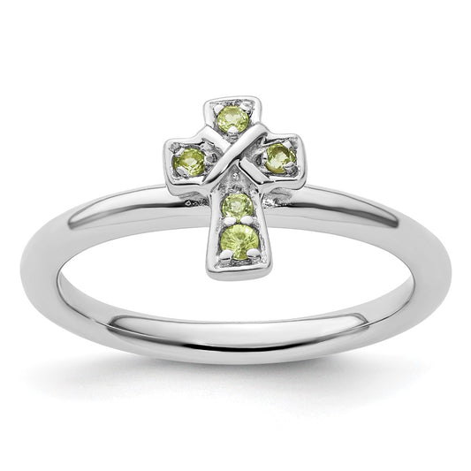 Sterling Silver Stackable Expressions Rhodium Peridot Cross Ring Size -6