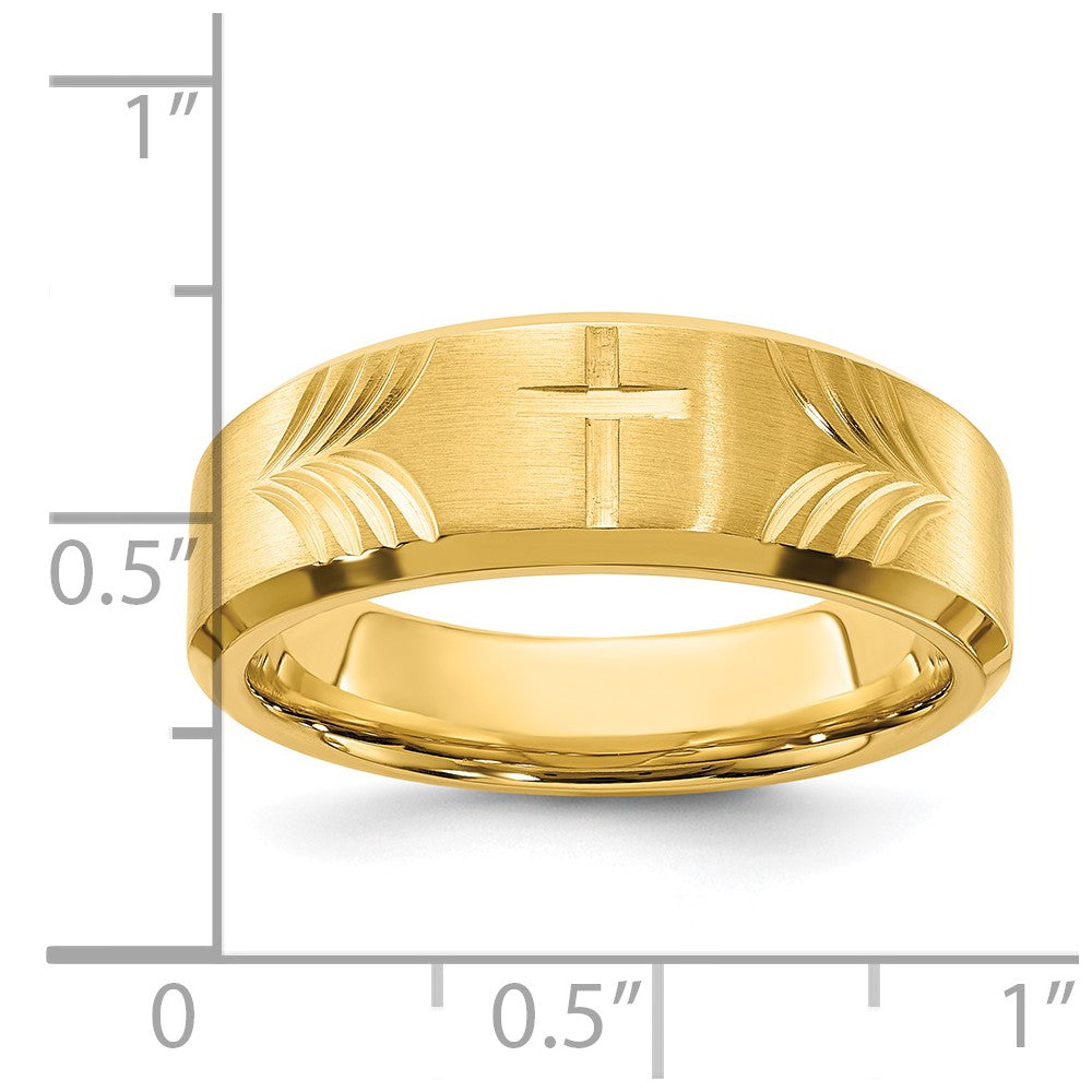 Stainless Steel Brushed & Polished Yellow IP D/C Cross 8mm Tapered Band Size - 7