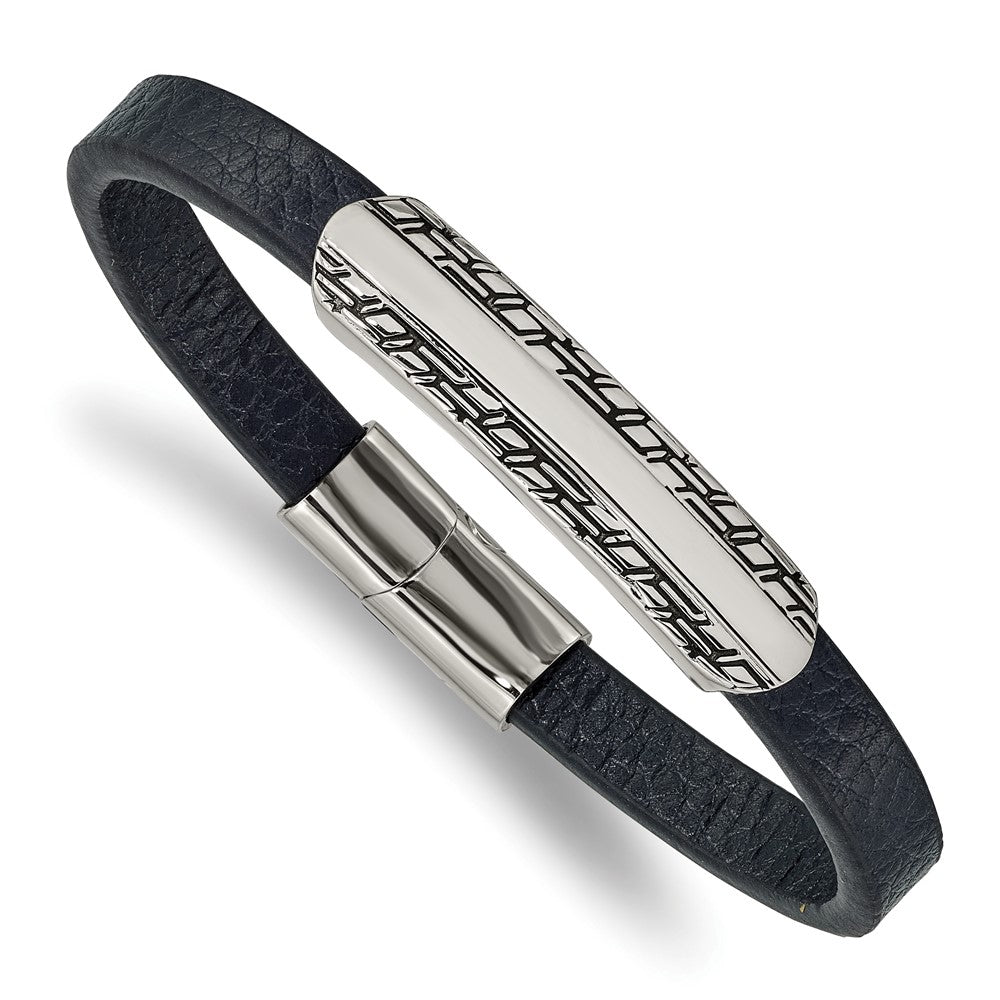 Stainless Steel Antiqued and Polished Navy Blue Leather 8.25in Bracelet 8.25 inches