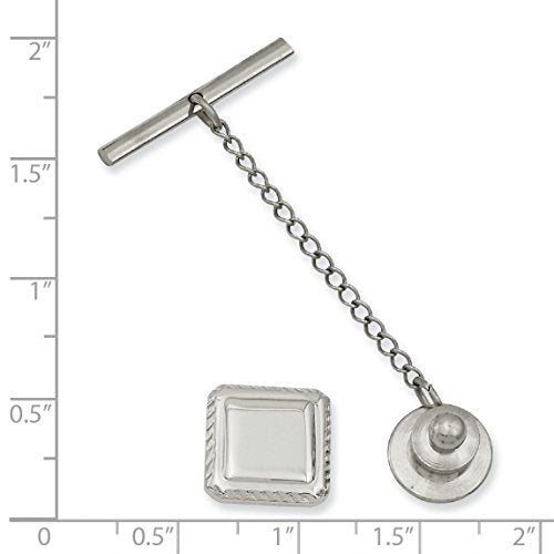 Solid Polished Patterned Engravable (front only) Rhodium Plated Square Tie Tack 12x12mm Wide-Tie Clip for Men