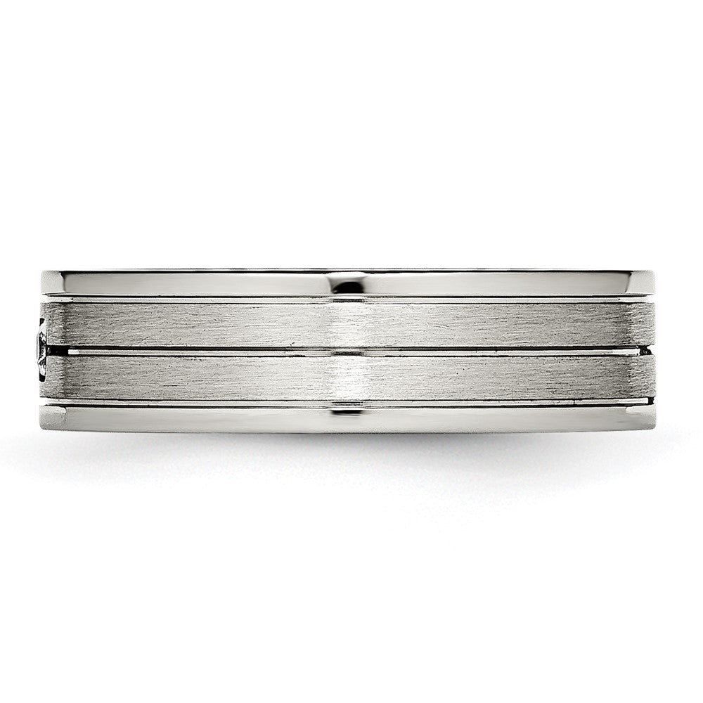 Stainless Steel Polished w/Brushed Center CZ 6mm Grooved Band Size - 10