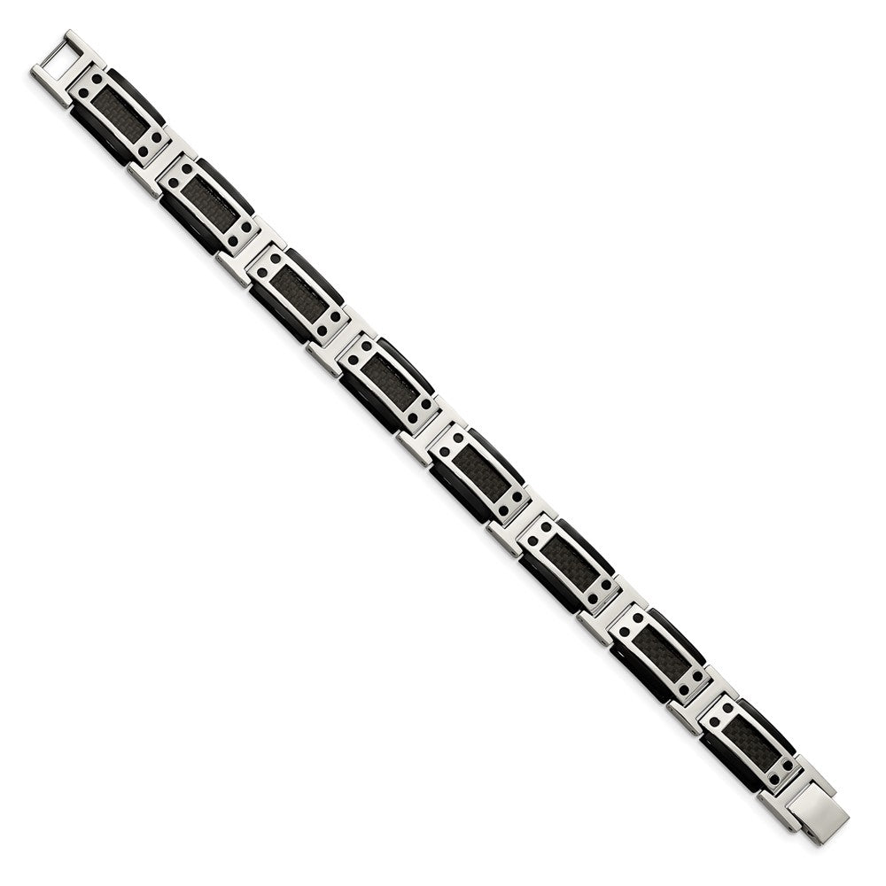 Stainless Steel Polished Black IP-plated w/Carbon Fiber Inlay 8.5in Bracele 8.5 inches