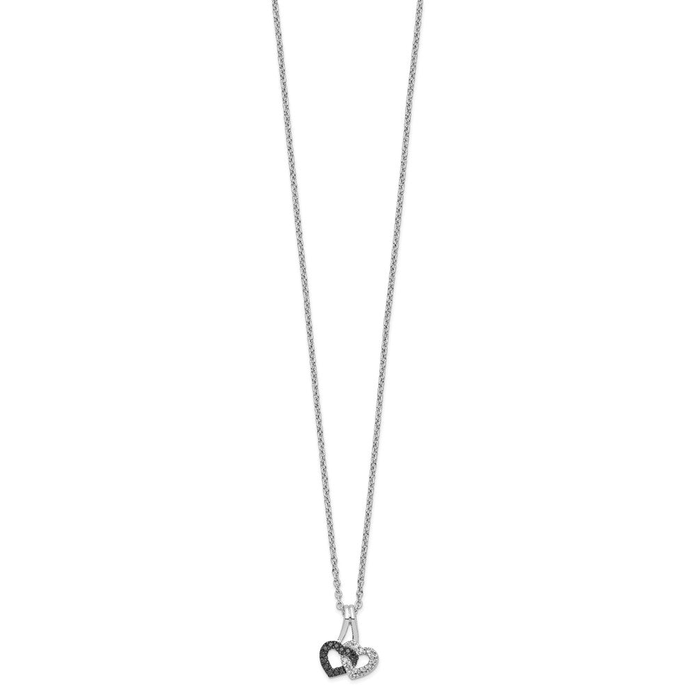 White Night Sterling Silver Rhodium-plated Black and White Diamond Double Heart 18 Inch Necklace with 2 Inch Extender 18 Inches