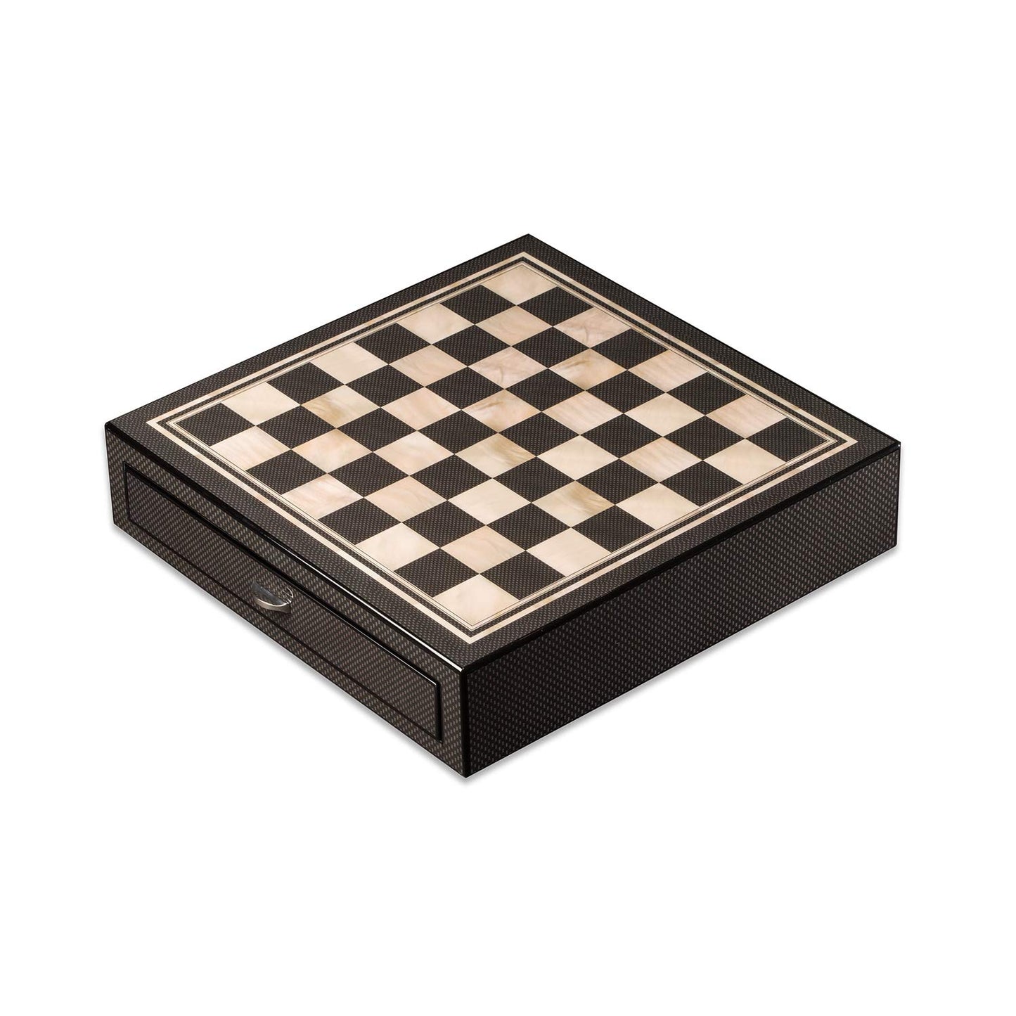 Bey-Berk International G551 Carbon Fiber & Mother of Pearl Design Chess Set with Accessory Drawers, Beige & Brown