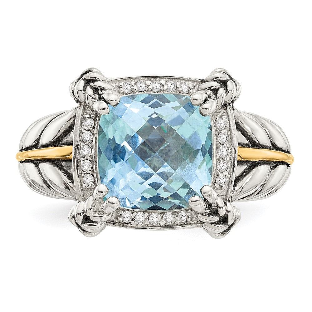 Shey Couture Sterling Silver with 14K Accent Antiqued Checkerboard Cushion Sky Blue Topaz and Diamond Ring