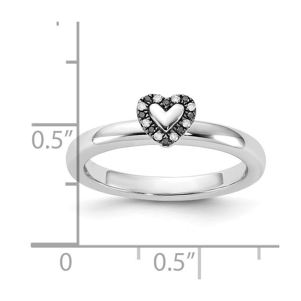 Sterling Silver Rhodium Plated Black & White Diamond Stackable Heart Ring