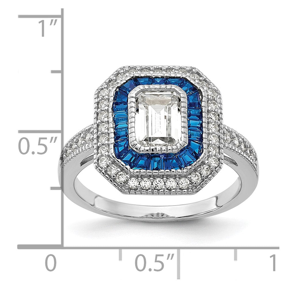Sterling Silver Diamonique and Simulated Sapphire Deco Ring-6
