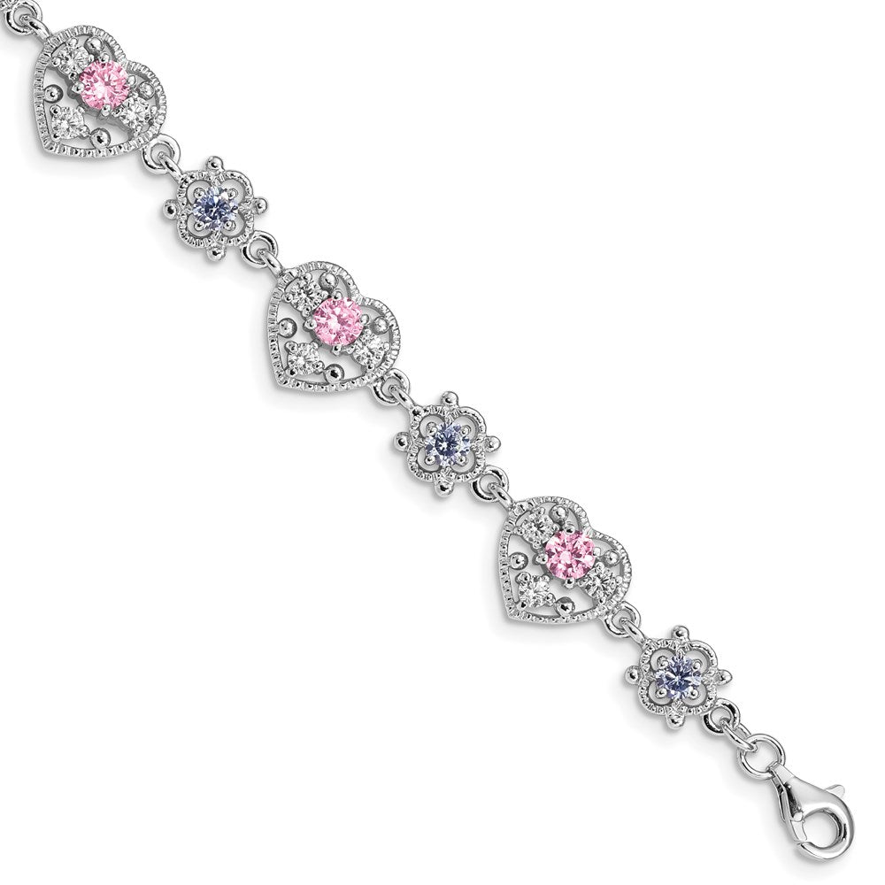 Sterling Silver Rhod-plated 7inch Pink and Clear CZ Heart Bracelet 7 inches