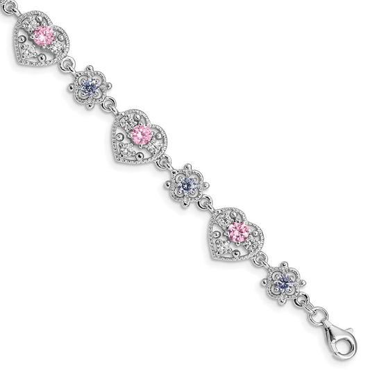 Sterling Silver Rhod-plated 7inch Pink and Clear CZ Heart Bracelet 7 inches