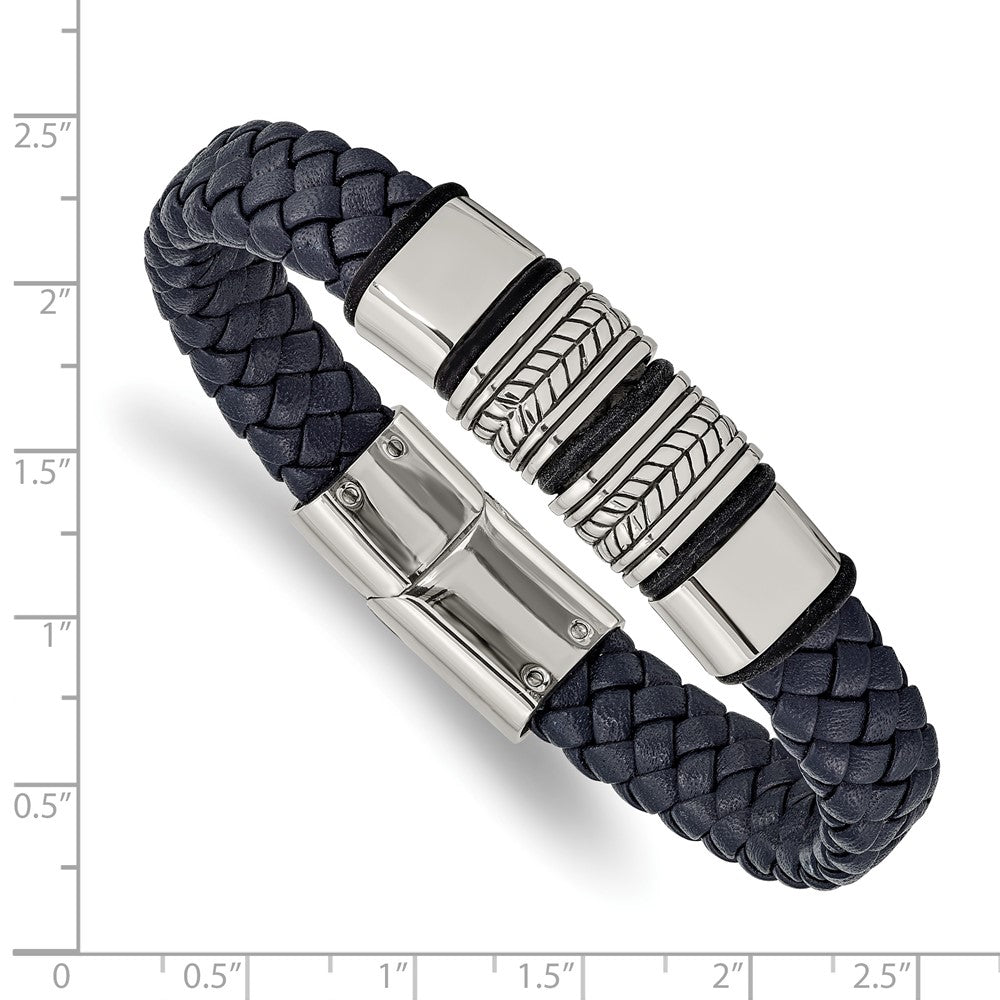 Stainless Steel Antiqued & Polished Blue Leather w/Silicone 8.25in Bracelet 8.25 inches