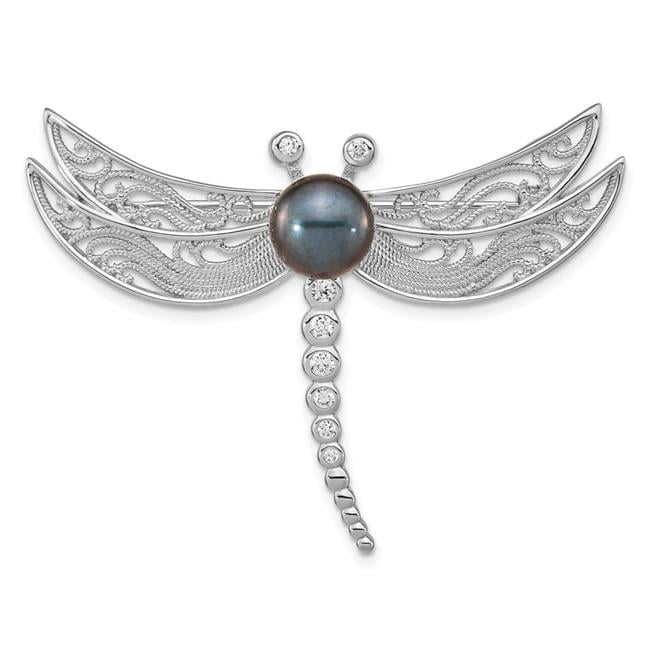Finest Gold Sterling Silver Rhodium-Plated 8-9 mm Black Button Freshwater Cultured Pearl & CZ Dragonfly Brooch