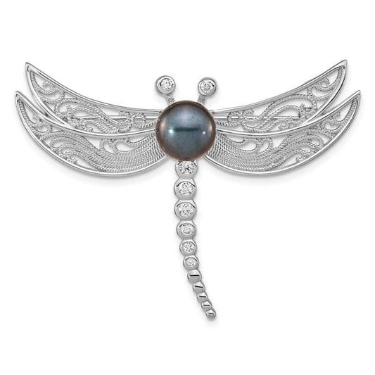 Finest Gold Sterling Silver Rhodium-Plated 8-9 mm Black Button Freshwater Cultured Pearl & CZ Dragonfly Brooch