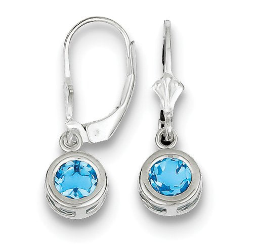 Sterling Silver Rhodium Plated 6mm Round Blue Topaz Leverback Earrings