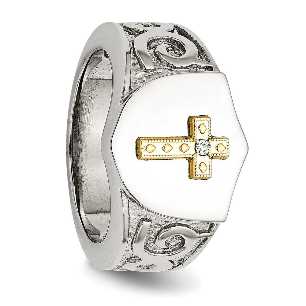 Stainless Steel Polished w/10K Gold Cross and .02ct Diamond Ring Size - 9