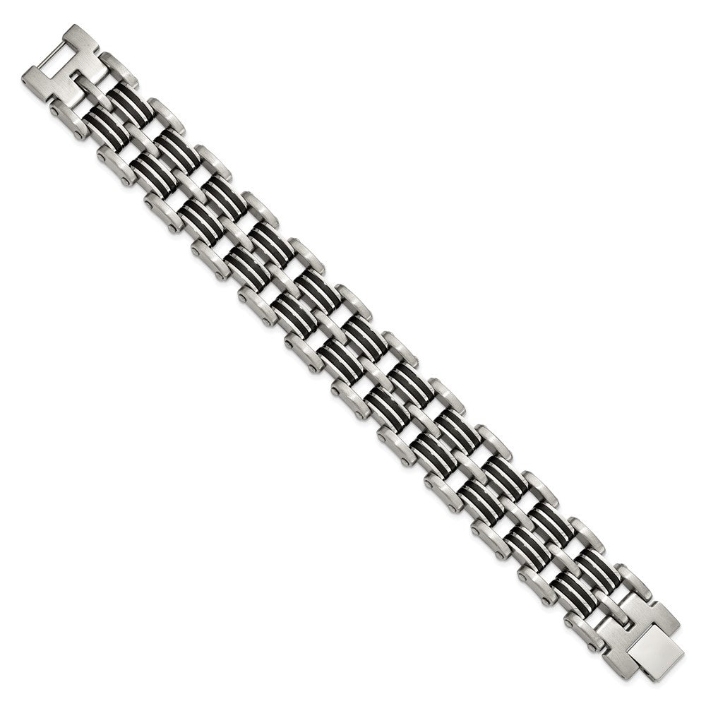 Stainless Steel Brushed and Polished Rubber 8.25in Bracelet 8.25 inches