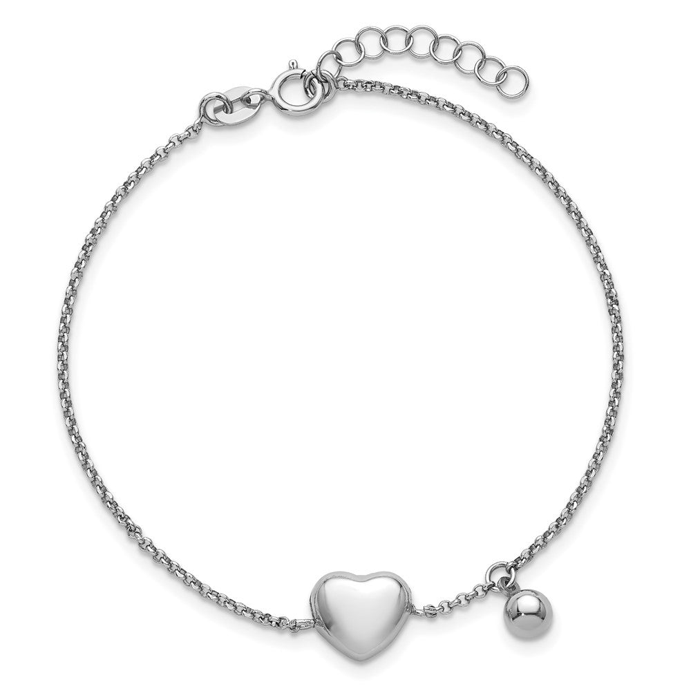 Sterling Silver Rhodium-plated Polished Puffed Heart and Ball 7 inch with 1 inch Extender Bracelet 8 inches