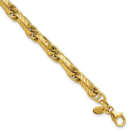 14K Polished and Grooved Fancy Link Bracelet 7.75  inches