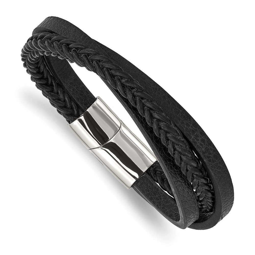 Stainless Steel Polished Black Leather Multi-Strand 8.25in Bracelet 8.25 inches