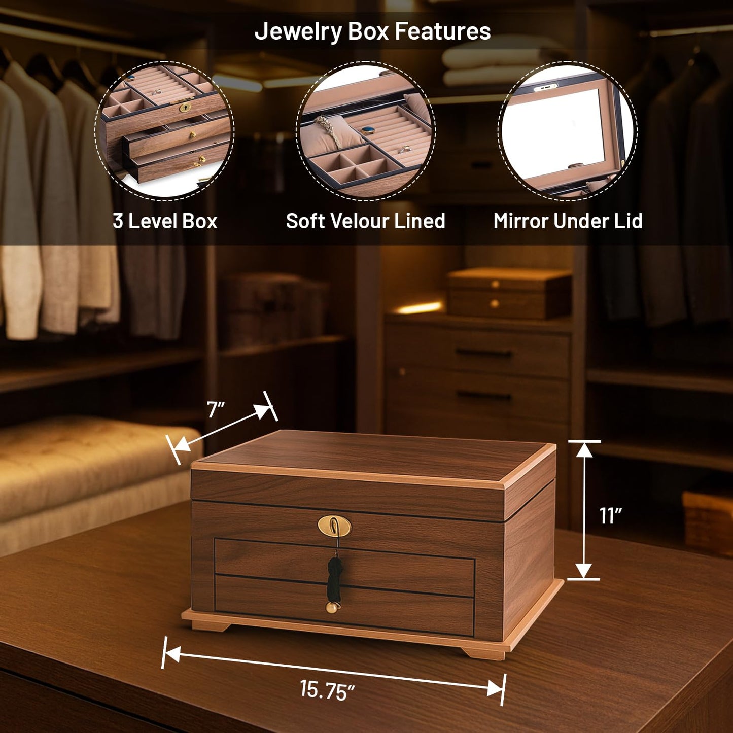 Walnut Lacquered Wood 3 Level Jewelry Box