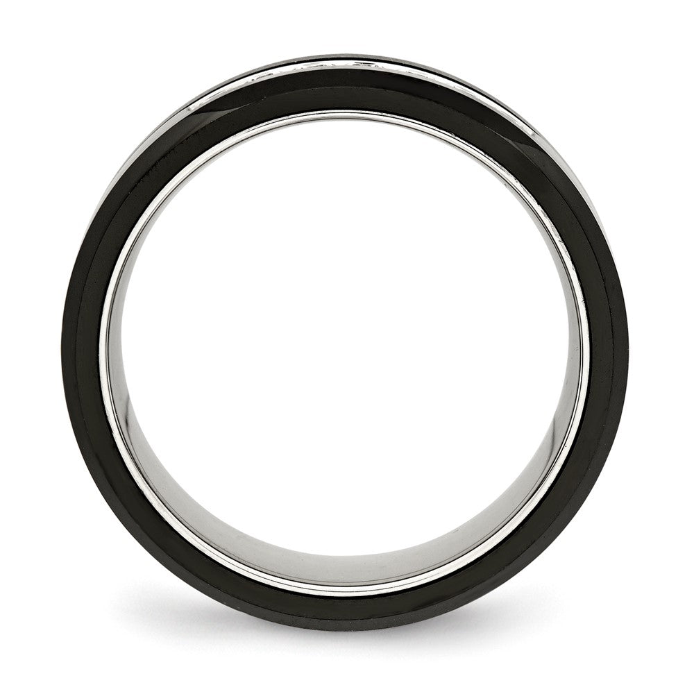Stainless Steel Polished Black Ceramic CZ Beveled Edge Ring Size - 7