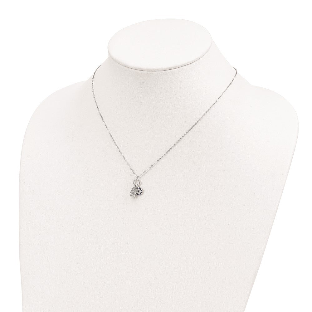 Sterling Silver Rhod-plated CZ Eye and Hamsa Charm Necklace 17 Inches