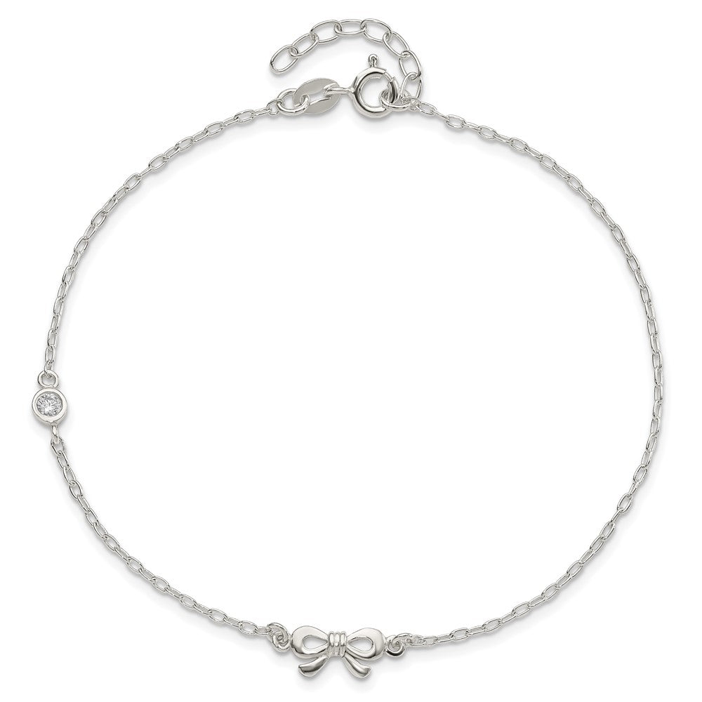 Sterling Silver Polished CZ Bow 9in Plus 1in Ext. Anklet 9 inches